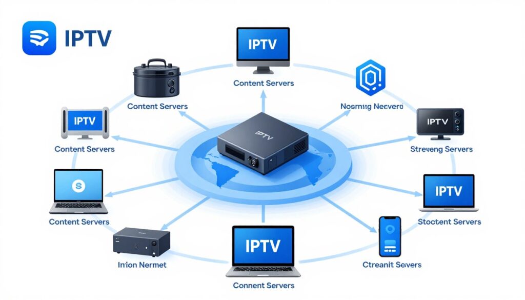 diagram showing how IPTV usa service delivers content through internet protocol to various streaming devices diagram showing how IPTV usa service delivers content through internet protocol to various streaming devices