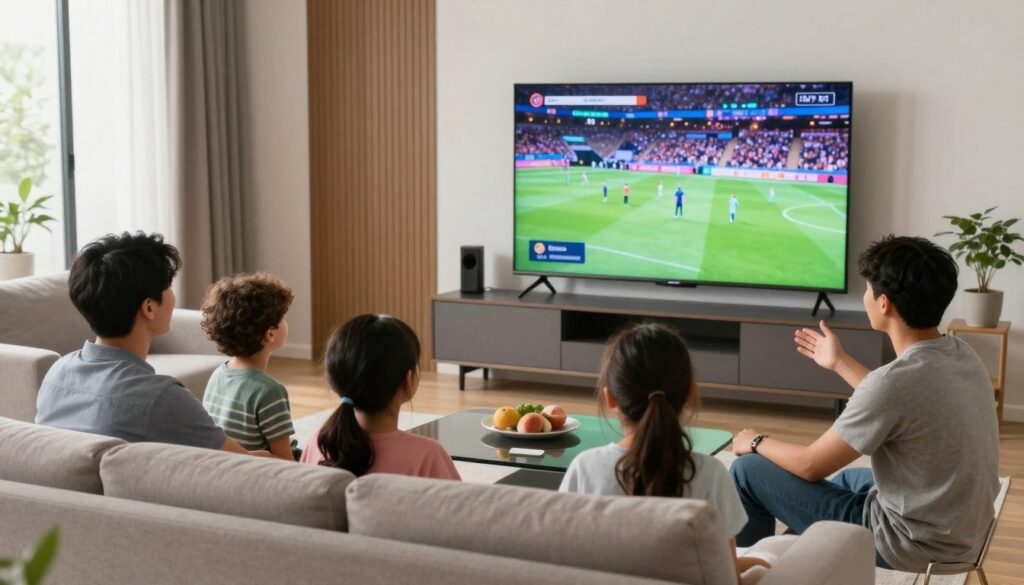 happy family enjoying usa iptv premium content together on smart tv in modern living room happy family enjoying usa iptv premium content together on smart tv in modern living room