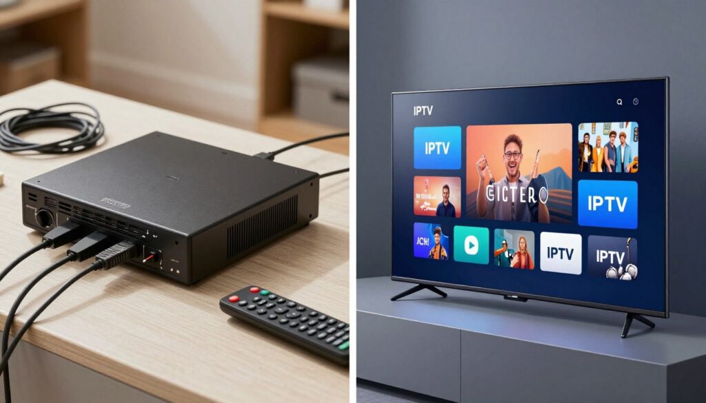 visual comparison between outdated cable tv setup and modern iptv subscription usa streaming experience visual comparison between outdated cable tv setup and modern iptv subscription usa streaming experience