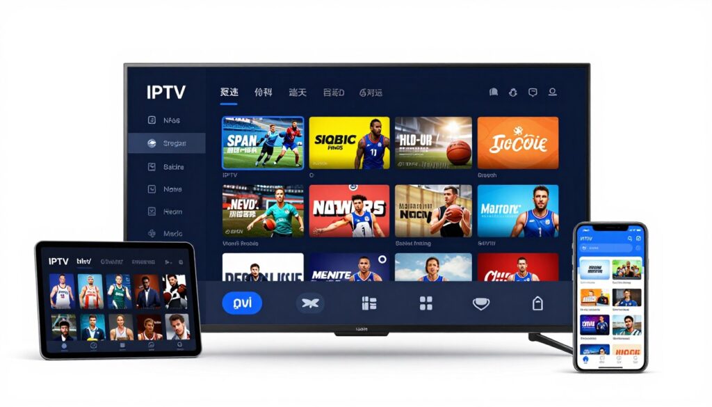 IPTV USA provider streaming interface showing live channels on multiple devices
